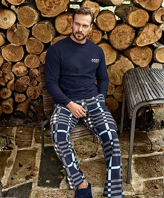 Erkek Polar Yuvarlak Yaka Pijama Takımı - LACİVERT