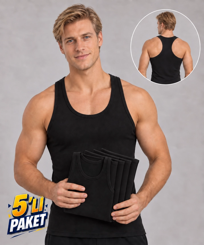 5'li Paket Çapraz Askılı Erkek Spor Atlet - SİYAH