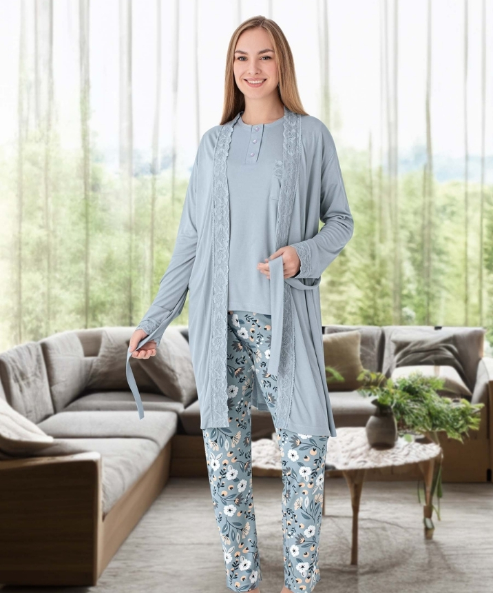 Kadın Melisa 3'lü Set Uzun Kol Pijama Takımı - GRİ