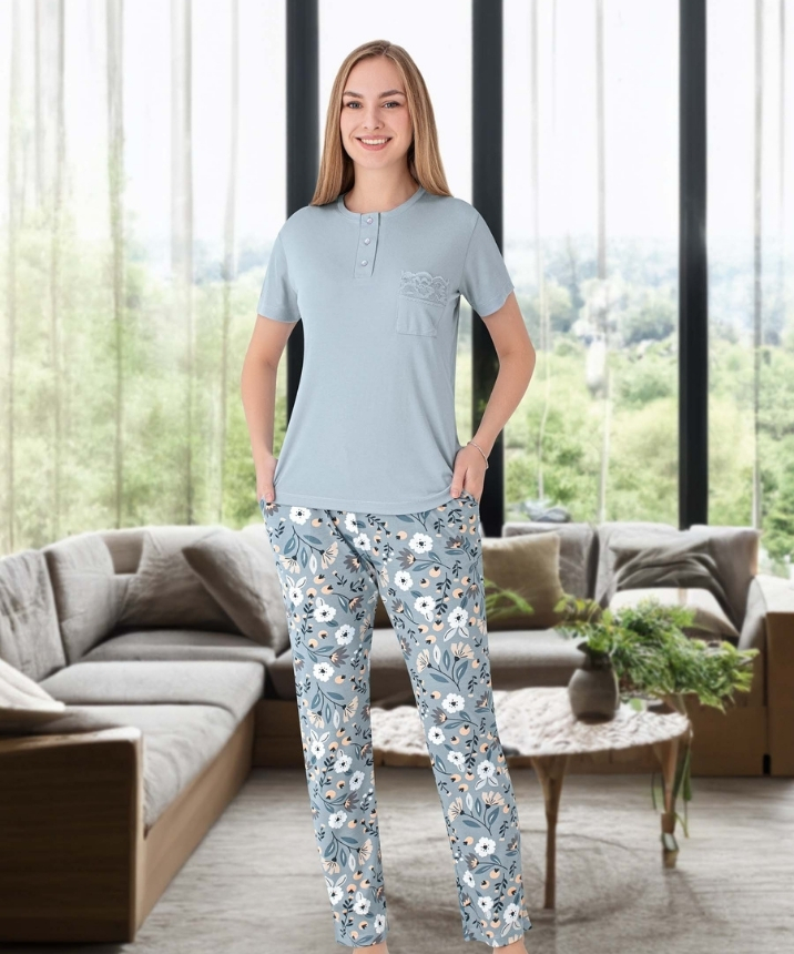 Kadın Melisa 3'lü Set Uzun Kol Pijama Takımı - GRİ (1)