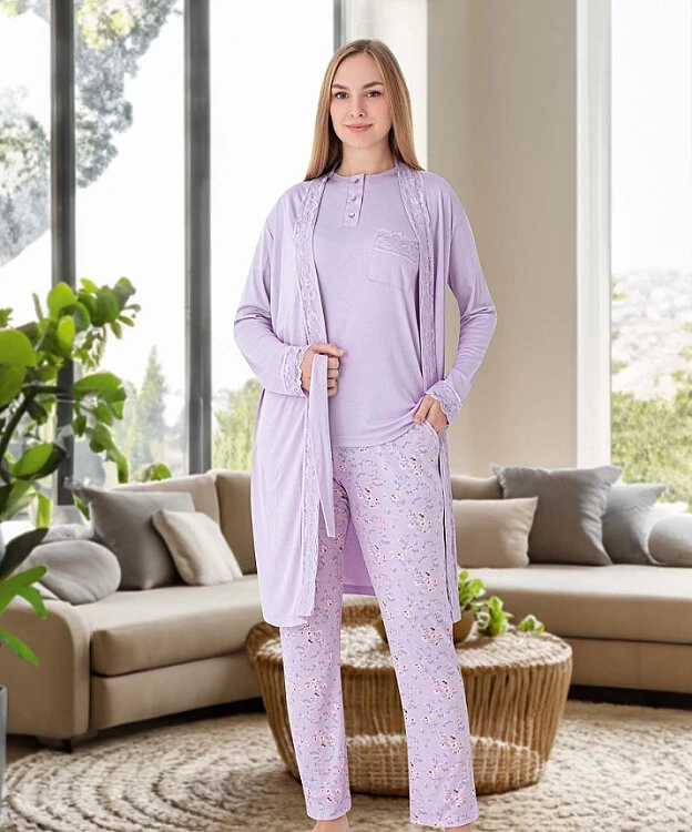 Kadın Melisa 3'lü Set Uzun Kol Pijama Takımı - LİLA - 1