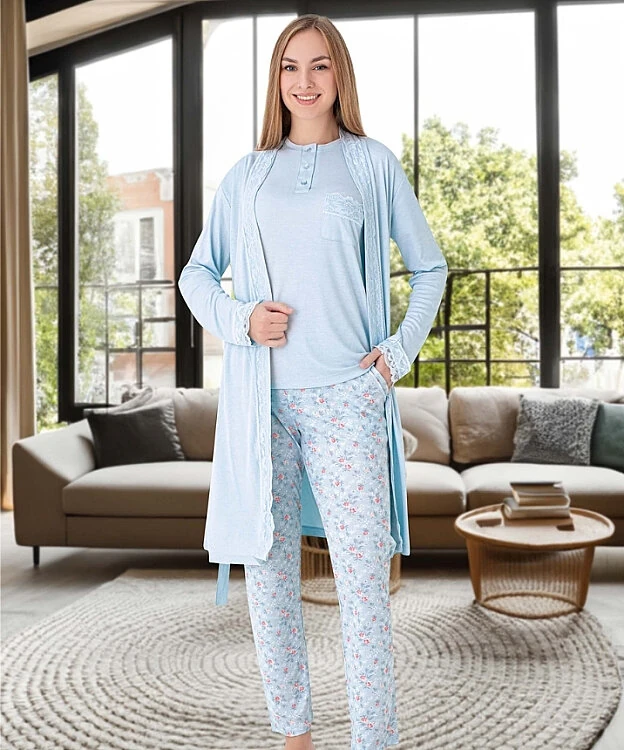 Kadın Melisa 3'lü Set Uzun Kol Pijama Takımı - MAVİ - 1