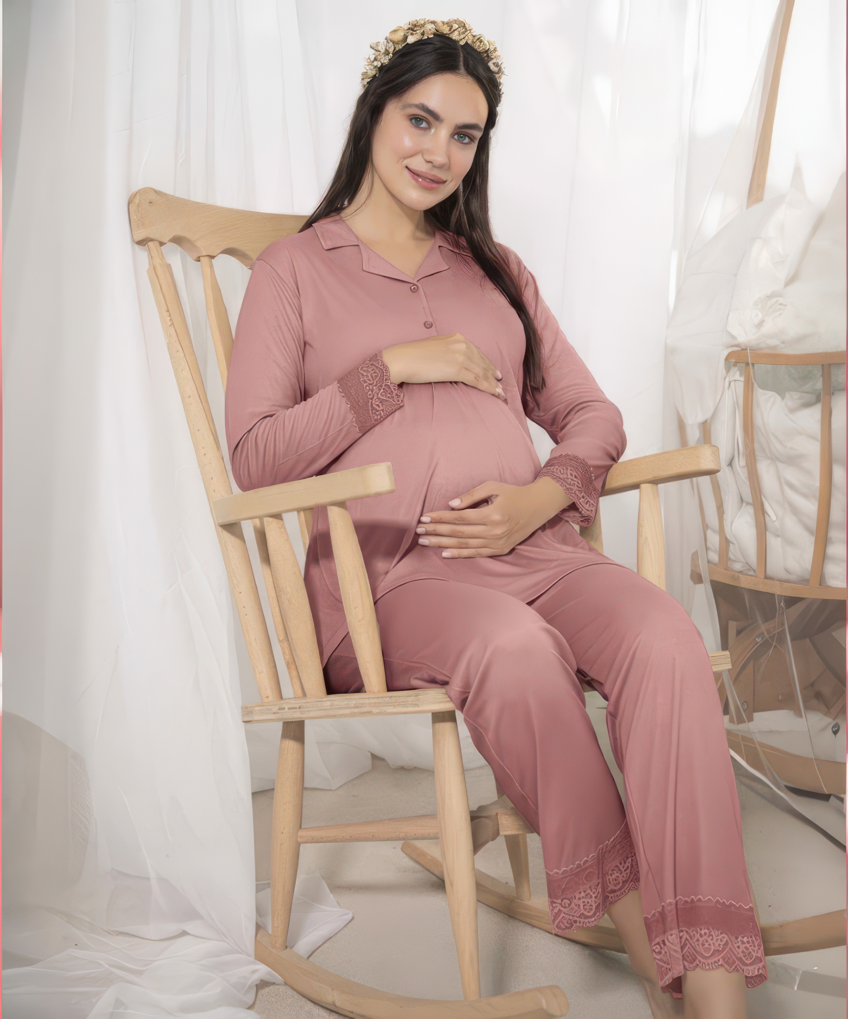 Kadın Melisa Hamile Pijama Takımı Uzun Kol - PUDRA - 1