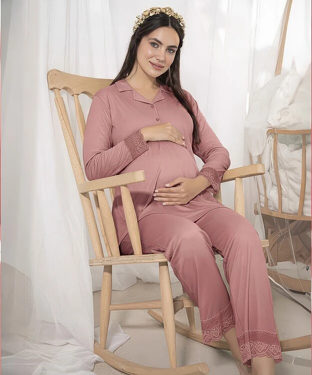 Kadın Melisa Hamile Pijama Takımı Uzun Kol - PUDRA - 1