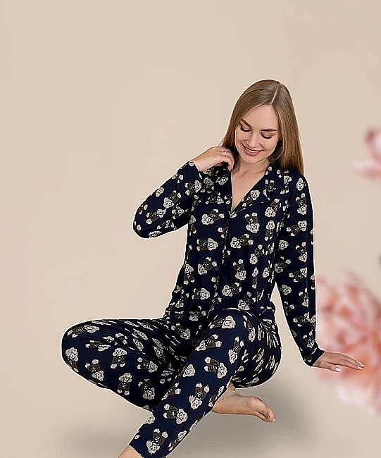 Kadın Milan Poodle Desen Pijama Takımı - LACİVERT