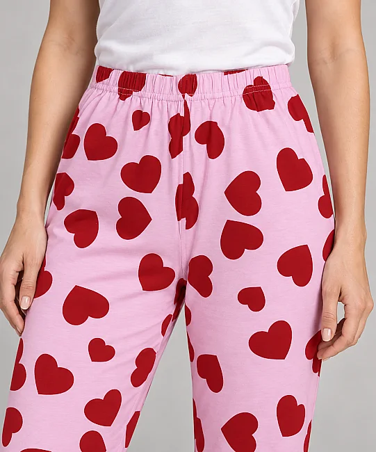 %100 Pamuk Kadın Pijama Altı - PEMBE KALPLİ (1)