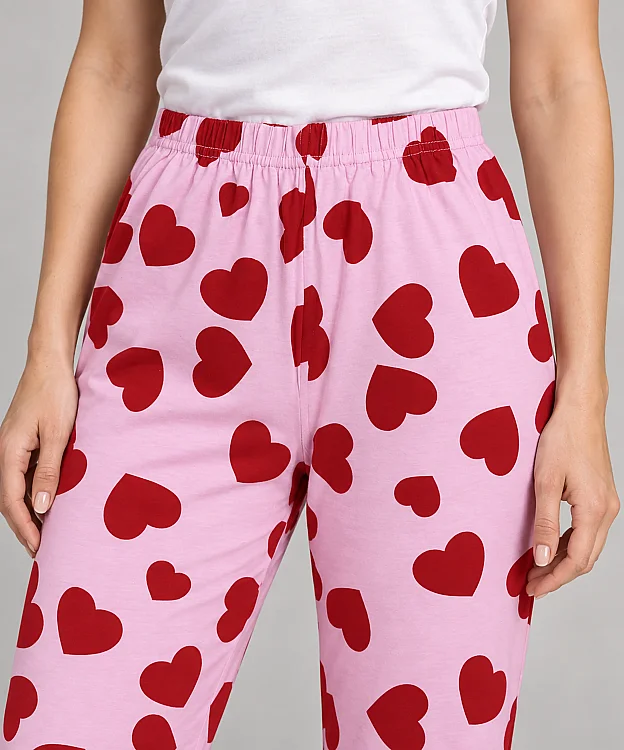 %100 Pamuk Kadın Pijama Altı - PEMBE KALPLİ - 2