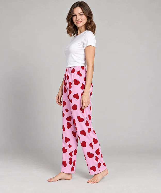 %100 Pamuk Kadın Pijama Altı - PEMBE KALPLİ - 3