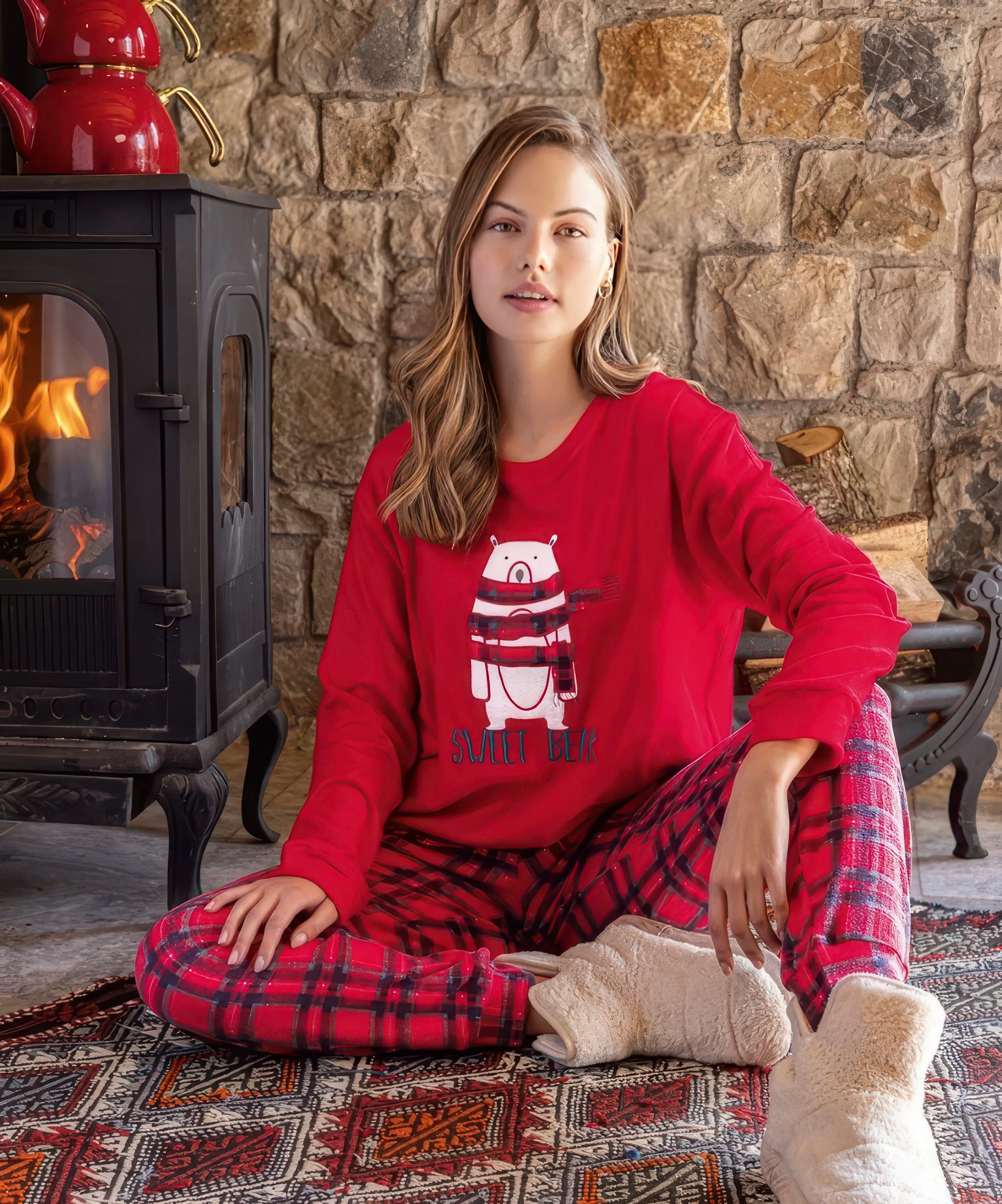 Kadın Termal Pijama Takımı - KIRMIZI - 1