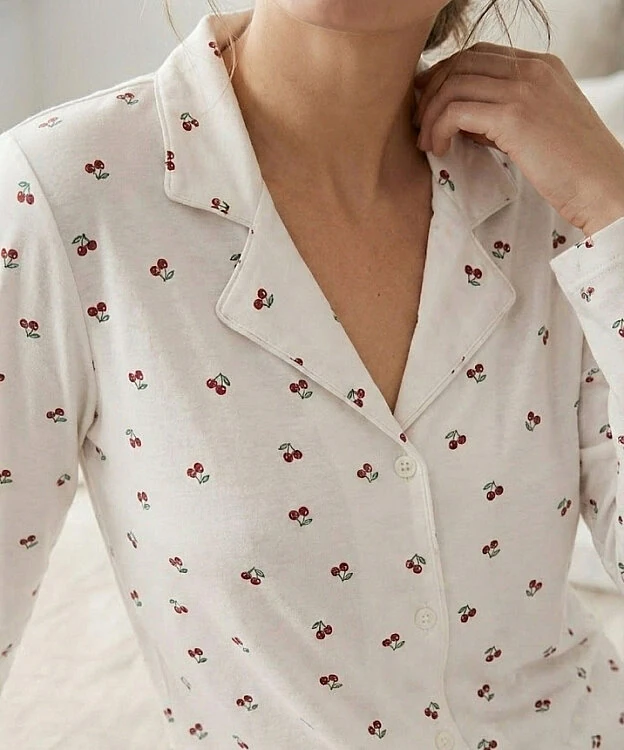 Milan Kumaş Desenli Kadın Pijama Takımı - EKRU-KİRAZ - 2