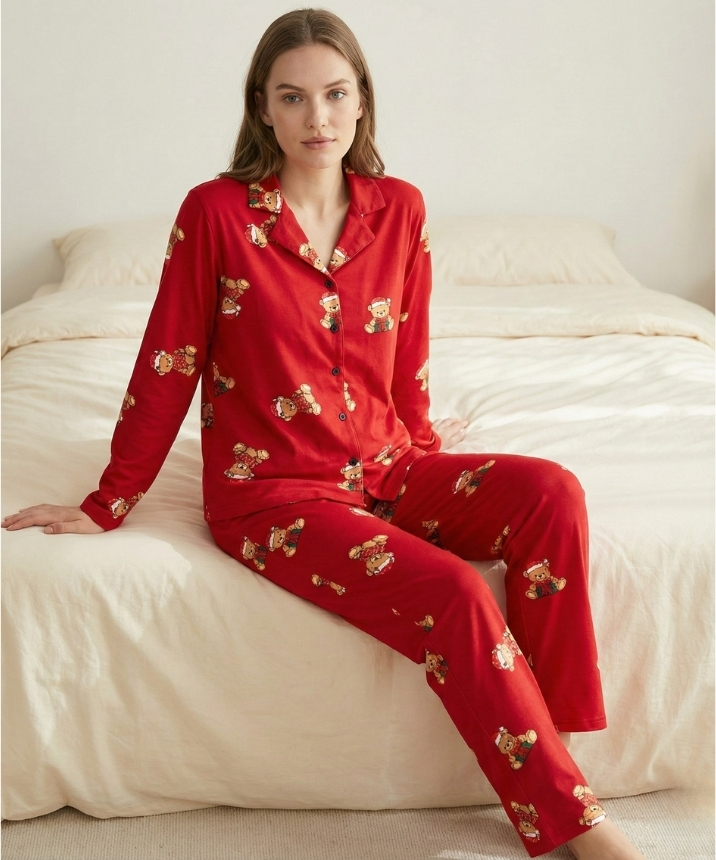Milan Kumaş Desenli Kadın Pijama Takımı - KIRMIZI AYICIK