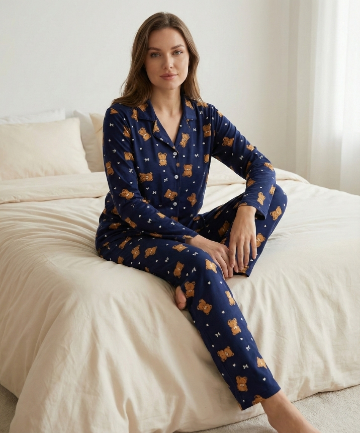 Milan Kumaş Desenli Kadın Pijama Takımı - LACİVERT-AYICIK