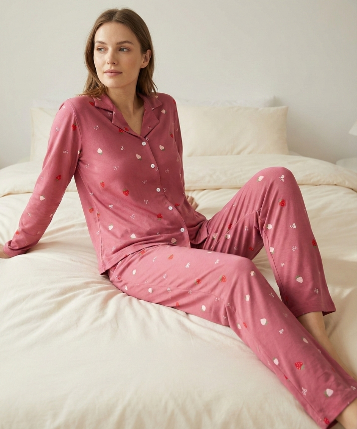 Milan Kumaş Desenli Kadın Pijama Takımı - PUDRA ÇİLEK