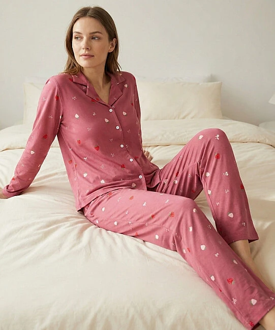 Milan Kumaş Desenli Kadın Pijama Takımı - PUDRA ÇİLEK