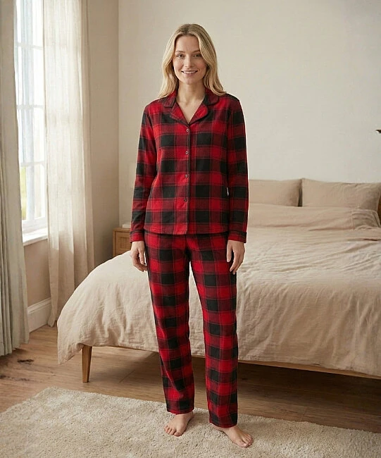 Milan Kumaş Kadın Pijama Takımı - KIRMIZI EKOSE 