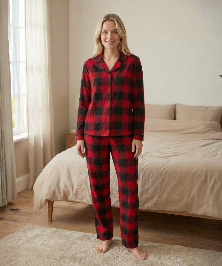 Milan Kumaş Kadın Pijama Takımı - KIRMIZI EKOSE - 1