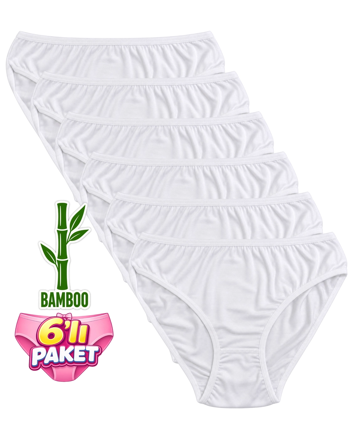 6'lı Paket Bambu Düz Külot - BEYAZ