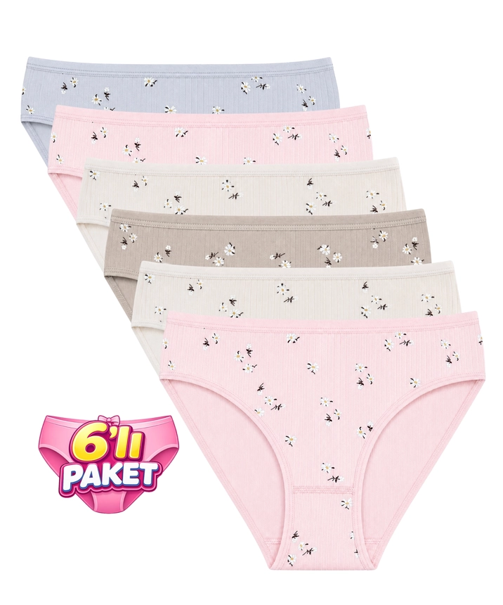6'lı Paket Çiçekli Çizgili Bikini Kadın Külot - ASORTİ - 1