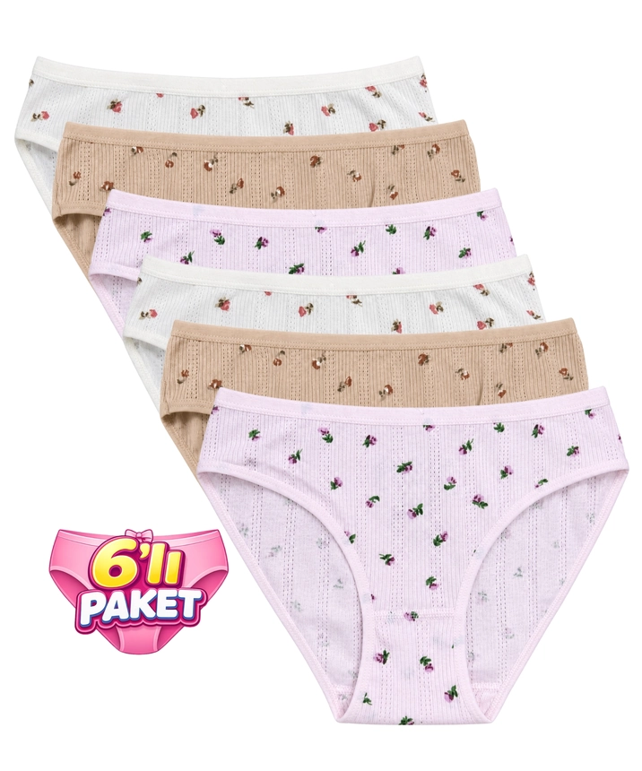 6'lı Paket %100 Pamuk Çiçekli Jakarlı Bikini Kadın Külot - ASORTİ