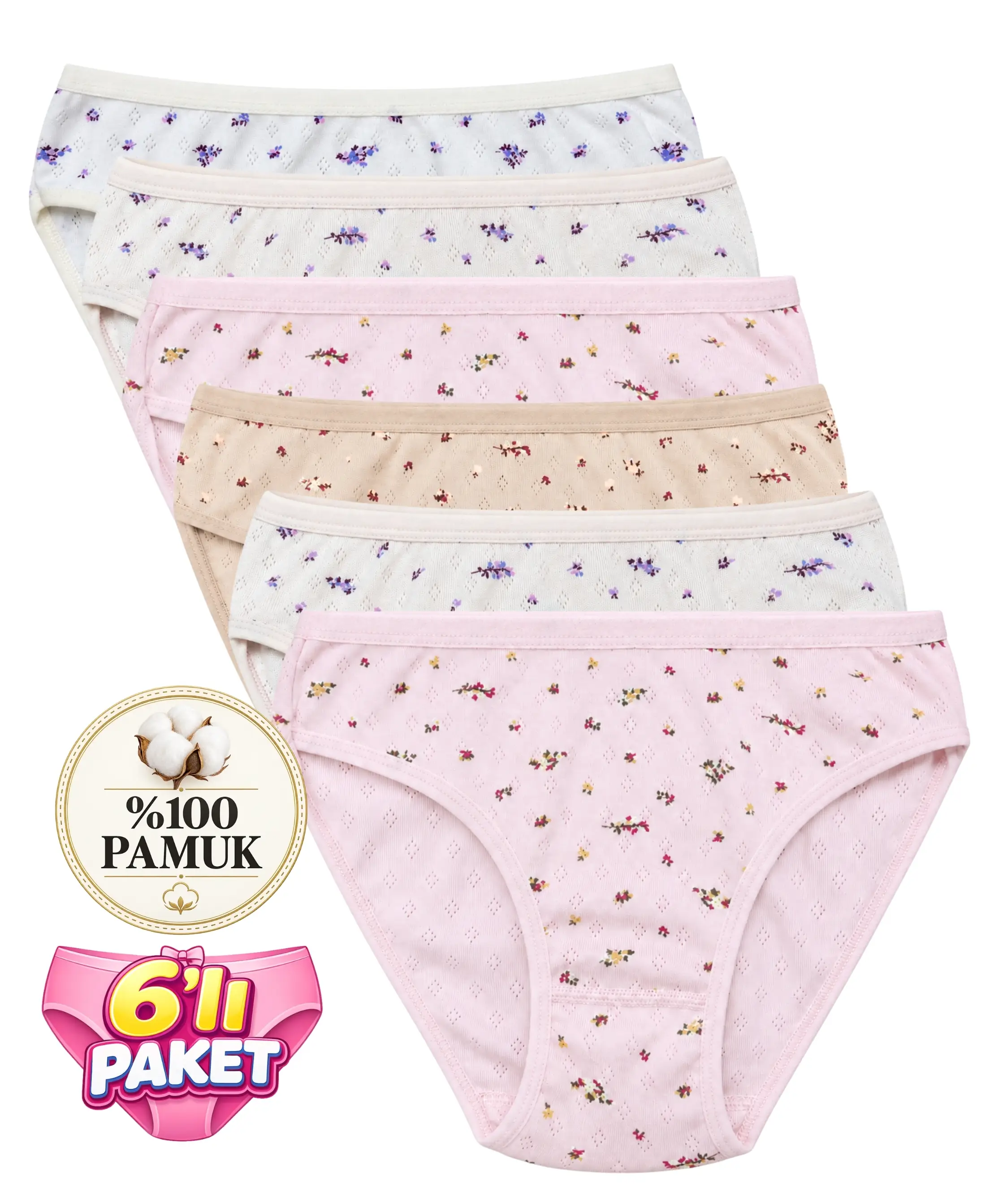 6'lı Paket Pamuklu Çiçekli Bikini - ASORTİ