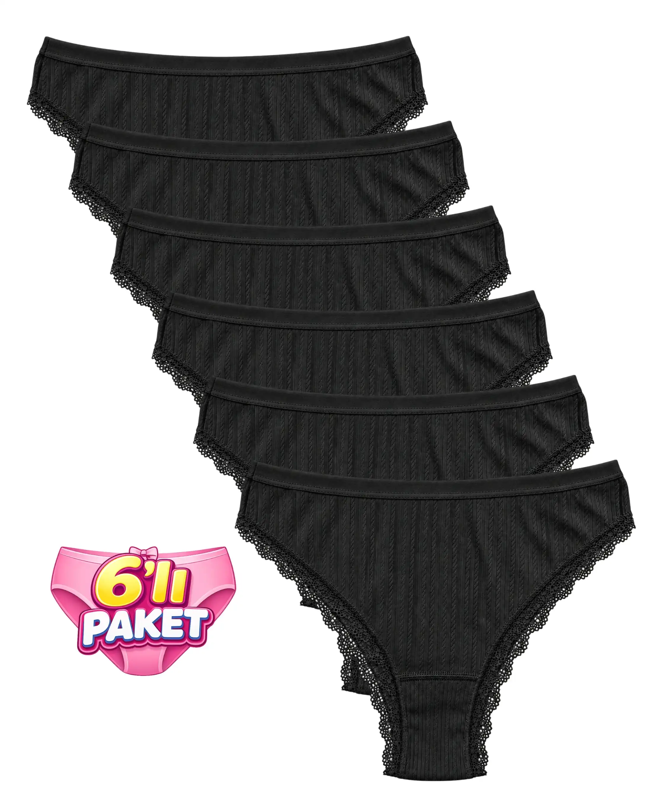 6'lı Paket Dantelli Brazilian Külot - SİYAH - 1