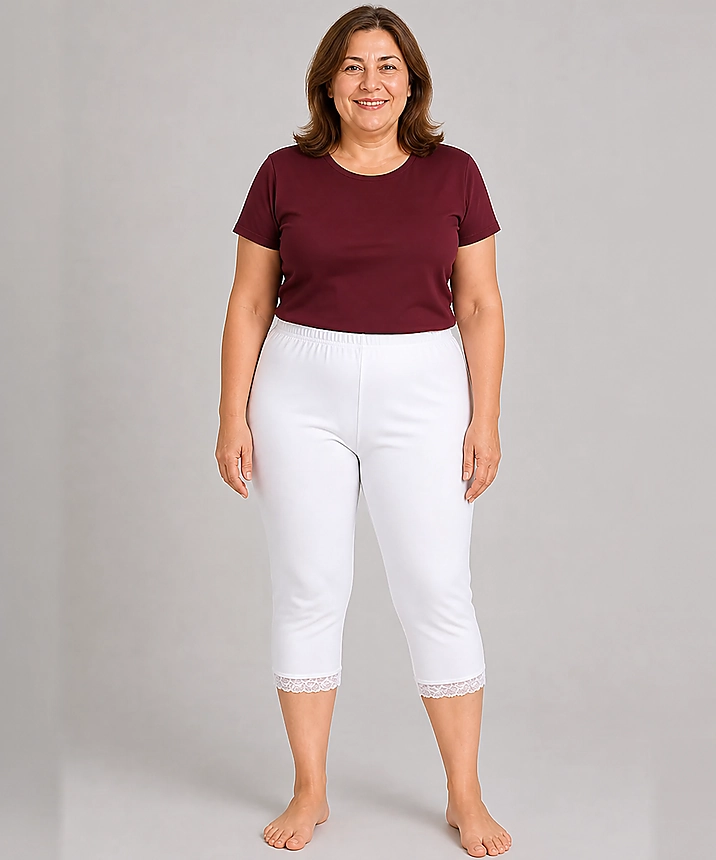 Ribana Dantelli Pamuklu Ağlı Kapri Tayt Alt - BEYAZ