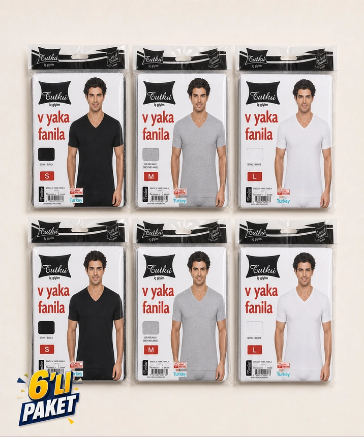 6'lı Paket Ribana V Yaka Yarım Kollu Erkek Fanila - ASORTİ