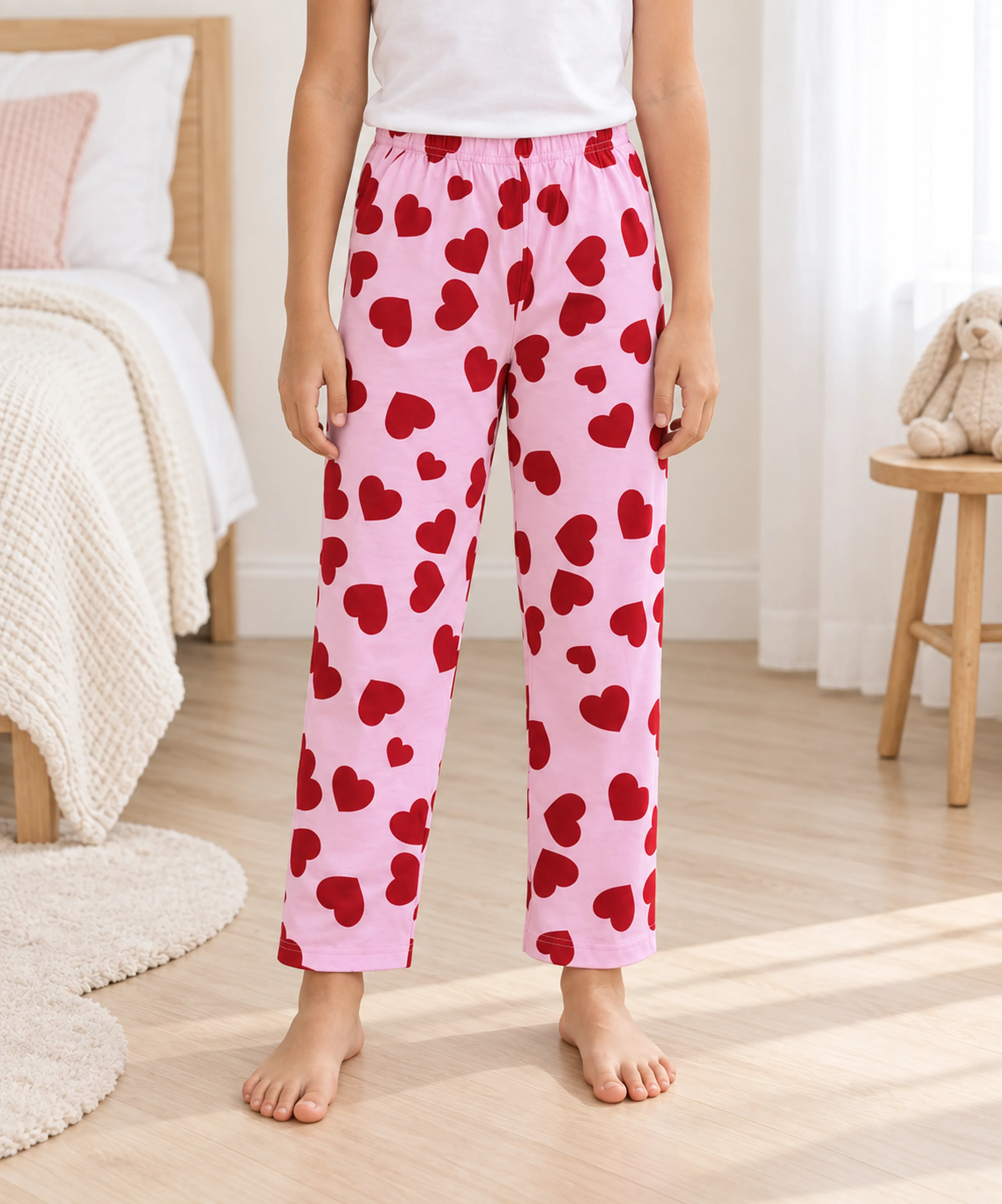 %100 Pamuk Çocuk Pijama Altı - PEMBE KALPLİ - 1
