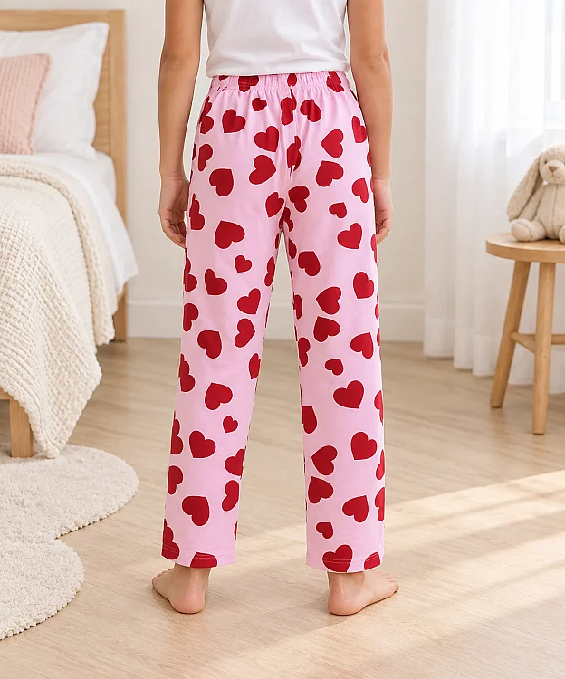 %100 Pamuk Çocuk Pijama Altı - PEMBE KALPLİ - 3