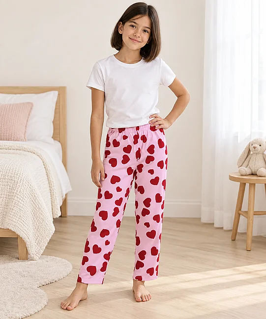 %100 Pamuk Çocuk Pijama Altı - PEMBE KALPLİ (1)
