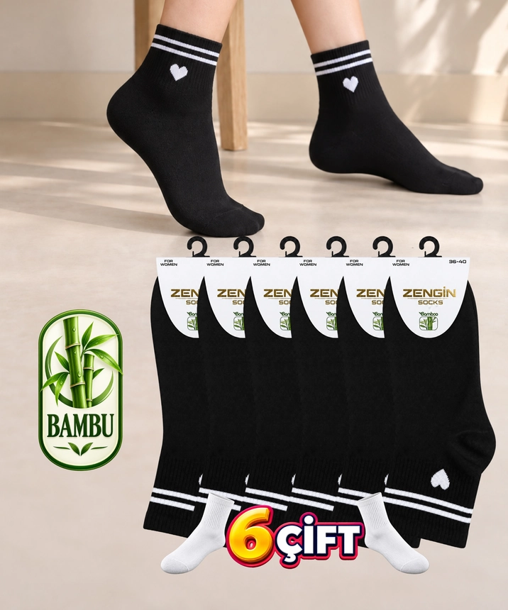 6 Çift Bambu Kalp Desenli Kadın Yarım Konç Çorap - SİYAH